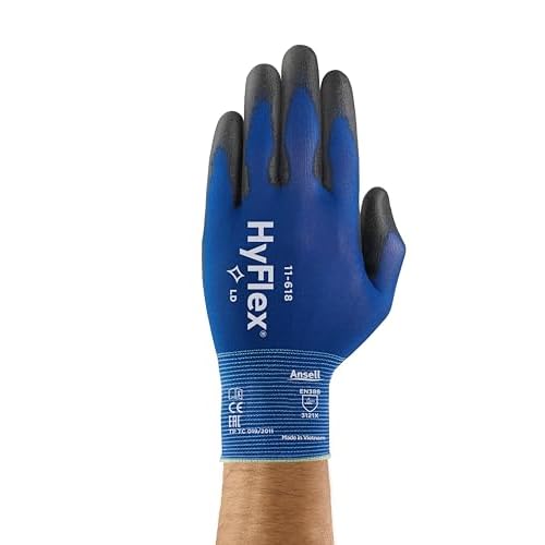 HyFlex 11-618 Ultra-Thin Industrial Safety Work Gloves for Auto, Machinery, Equipment, Fabrication - Size 10, Blue/Black (12 Pairs)