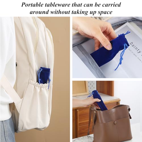 Portable Stainless Steel Flatware Set - Reusable Camping Cutlery - Blue Bag