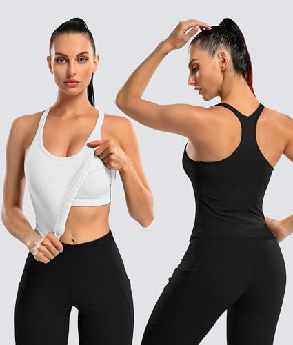 ATTRACO Women's Ribbed Workout Crop Top with Built-in Bra Small Black & White