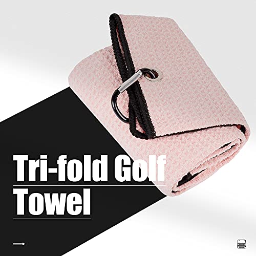 Tri-Fold Golf Towel - 16" x 24" Microfiber with Carabiner Clip - Pink