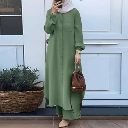 ODIZLI Women's Muslim 2-Piece Abaya Set Sage Green 3XL Long Sleeve Shirt & Pants