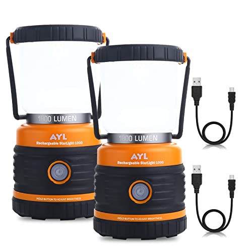 AYL Rechargeable LED Camping Lantern 1800LM – Black & Orange, 4 Light Modes, 4400mAh Power Bank, Waterproof, Emergency & Hurricane Light, 2 Pack