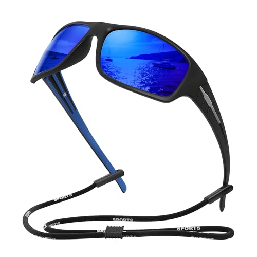 Polarized Sports Sunglasses for Men - Wrap Around UV Protection - A03 Black/Deep Blue