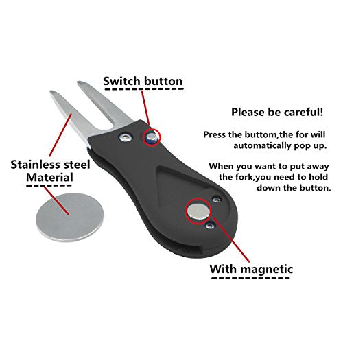 Golf Divot Repair Tool with Pop-up Button & Magnetic Marker - Black
