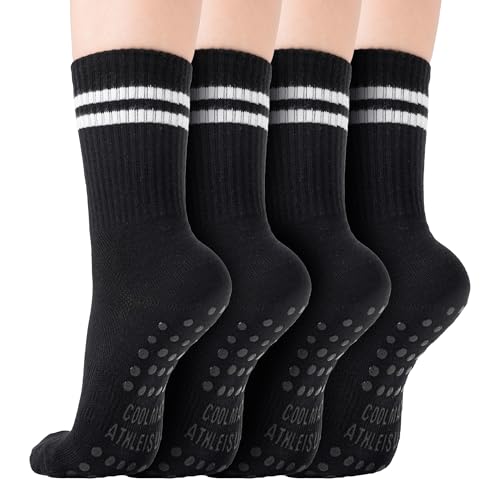 Pilates Socks with Grips for Women - 2 Pairs Crew Black
