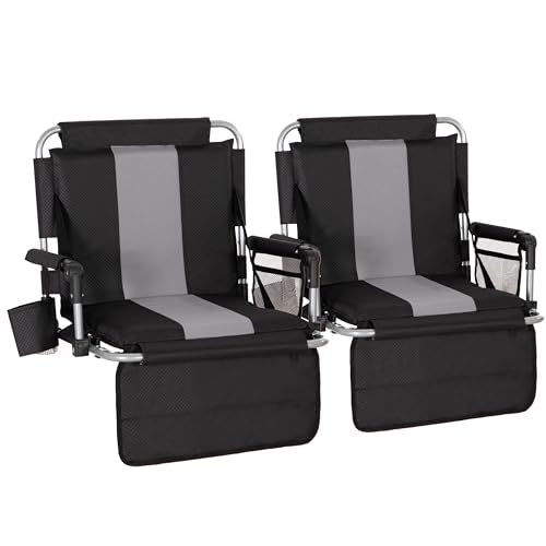 Folding Stadium Seats - 2 Pack Portable Bleacher Chairs with Cushions, Cup Holder - Black Grey