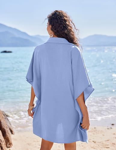 Women's Oversized Beach Cover Up Shirt - Light Blue, S-3XL