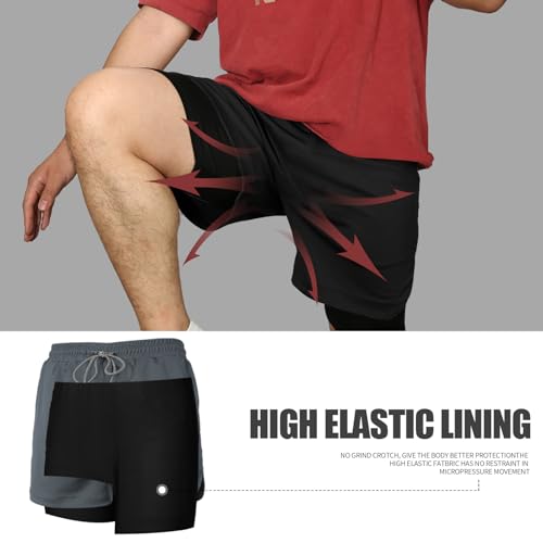 Men's 2 in 1 Running Shorts - Quick Dry Athletic Shorts with Zip Pockets & Towel Loop - Black, Medium