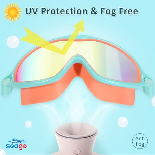 Seago Kids Swim Goggles 2-Pack Orange Mirrored & Blue-Green Anti-Fog UV Wide View