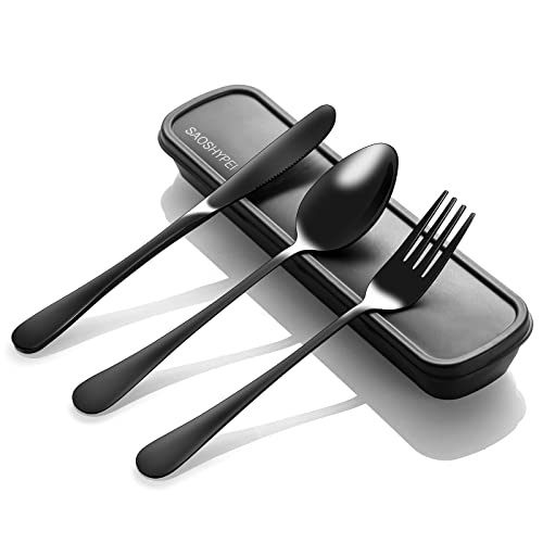 Travel Utensils Set - 4-Piece Stainless Steel Cutlery with Case - Black