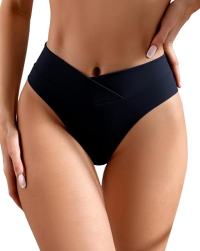 AFOLIRY Women's High Waisted Cheeky V Cut Bikini Bottoms - Black, Large
