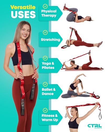 Non Elastic Stretching Strap with Loops - Red Yoga Strap for Flexibility