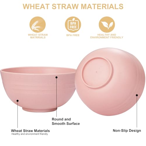 Rubtlamp 16Pcs Pink Wheat Straw Reusable Dinnerware Set for 4 | Durable Plates & Bowls