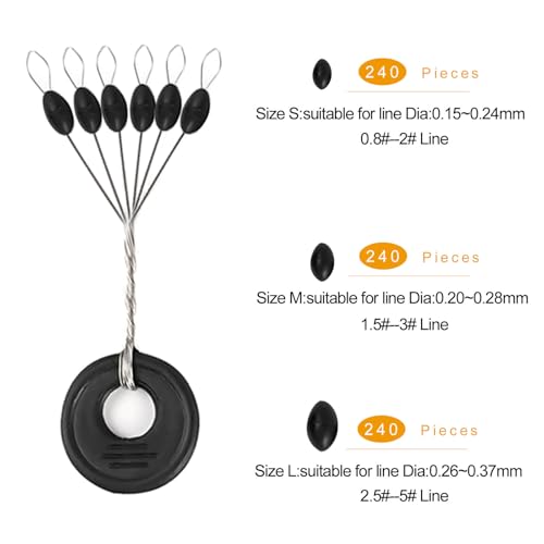 720PCS Fishing Bobber Stopper Kit - Oval Rubber Float Sinker Stops (S, M, L)