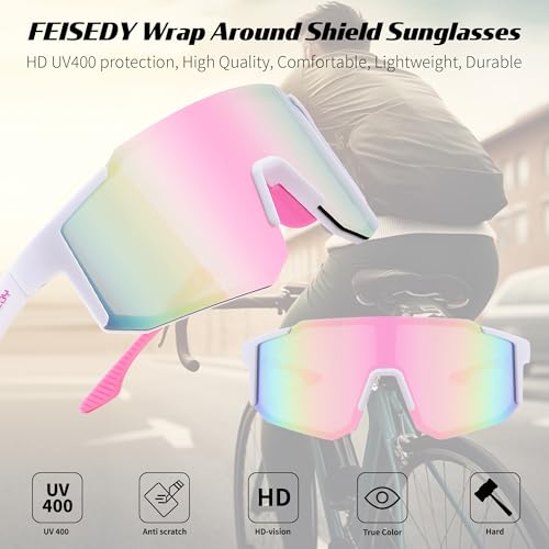 FEISEDY UV400 Cycling & Sports Sunglasses - White Pink, 75mm Lens, Unisex