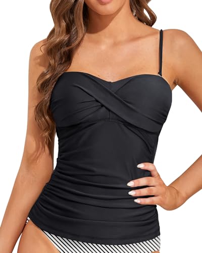 Holipick Women's Black Large Tummy Control Tankini Top - Bandeau Swimwear