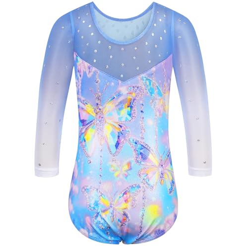 Gymnastics Leotard for Girls - Sequin Mesh 3/4 Sleeve, 7-8 Years Blue Butterfly