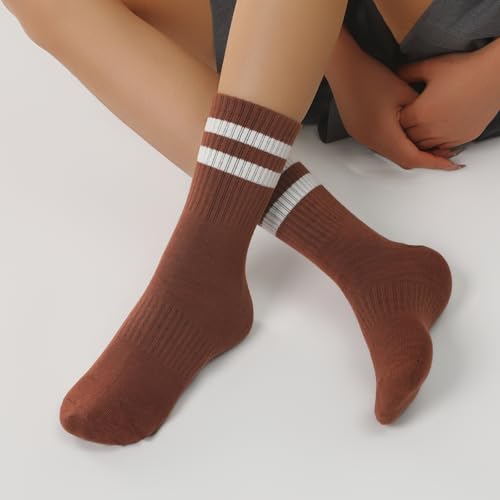Women's Striped Cotton Crew Socks - 6-Pair Set - White, Beige, Black, Grey, Brown, Coffee
