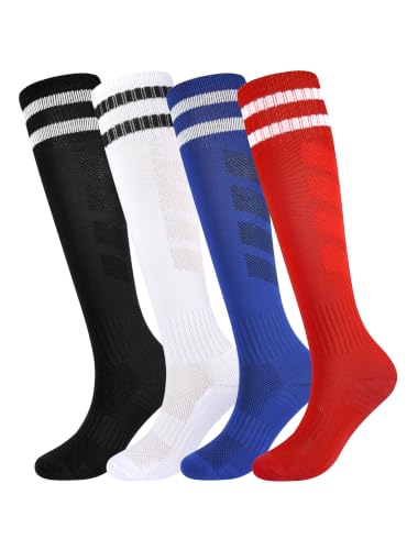 EPEIUS Kids Soccer Socks Cushioned Striped Knee High Boys Girls 4pk