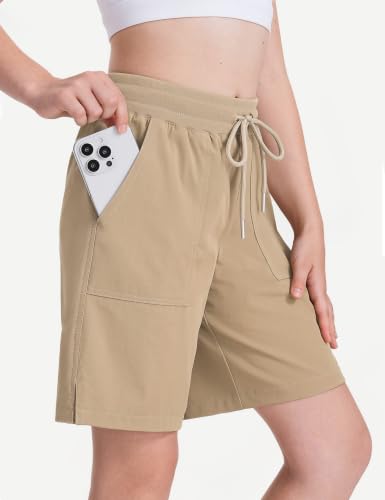 HASMES Girls Athletic Bermuda Shorts Kids Quick Dry Cargo Uniform, Khaki 13-14Y