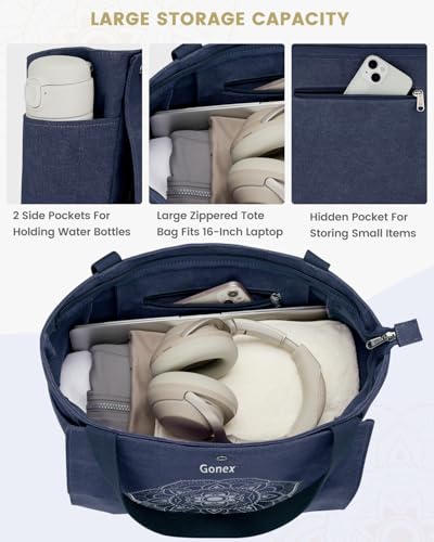 Yoga Mat Bag for Women - Canvas Tote with Bottle Holder - Blue