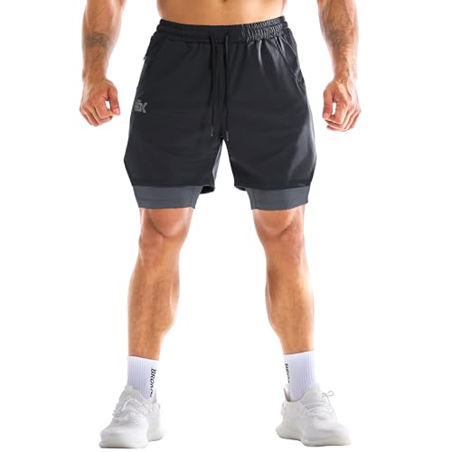 BROKIG Men's 2-in-1 Quick Dry Gym Running Shorts with Liner - Medium, Black & Dark Grey