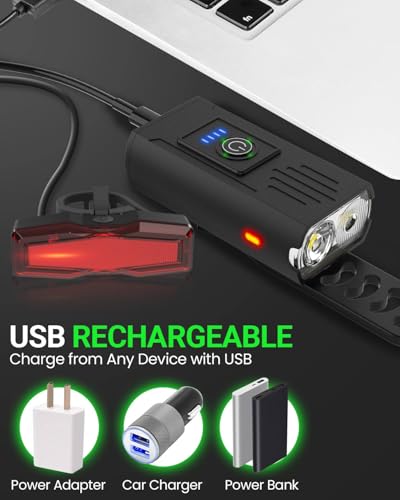 Super Bright USB Rechargeable Bike Light Set - Black, 6+4 Modes