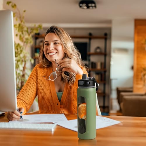 Kodrine Olive 24oz Glass Water Bottle with 2 Lids - Sip & Handle Lids