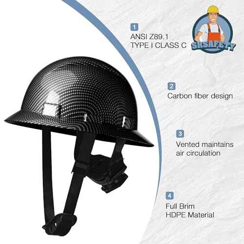 SRSAFETY Full Brim Hard Hat Carbon Fiber Design 6 Point Adjustable Ratchet Suspension OSHA Approved ABS Work Helmet for Men&Women ANSI Z89.1 Type I Class C