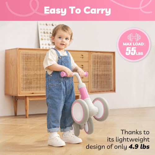 Pink Baby Balance Bike for Toddlers 1-2 Years Adjustable Seat Safety Features