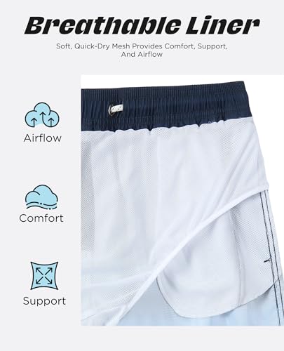 CoozySphere Men's 7-Inch Navy Blue Stripe Quick Dry Board Shorts with Mesh Lining - Large