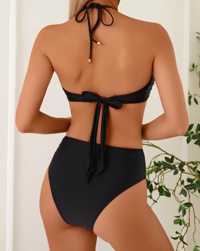 High Waisted Halter Bandeau Bikini Set - Black, Small