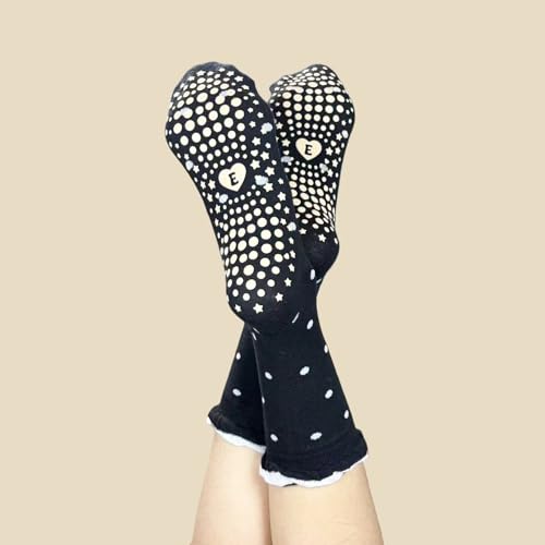 Non-Slip Polka Dot Yoga Socks for Women - Ruffle Crew Style, One Size / Black Dots & Grids