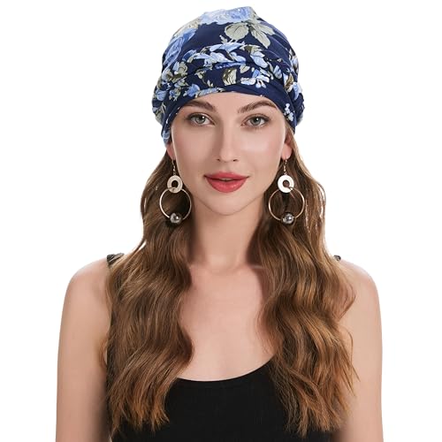ZLYC Women's Pre-Tied Braid Floral Navy Lightweight Chemo Headwear Turban
