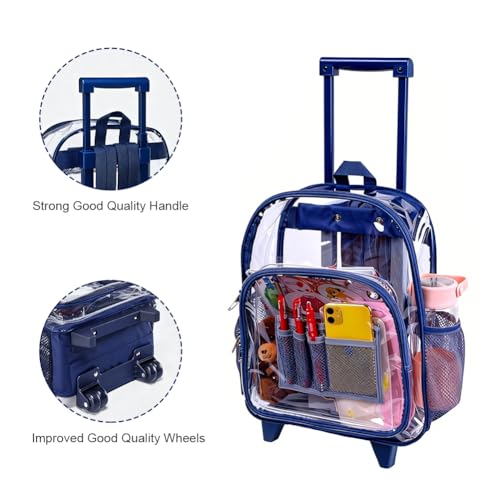 Clearworld Blue Heavy Duty Transparent Rolling Backpack with Wheels for Security & Travel