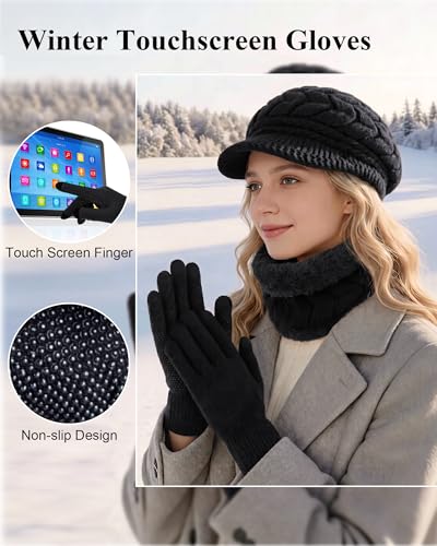 Loritta 3-in-1 Women's Winter Hat Gloves Scarf Set - Black