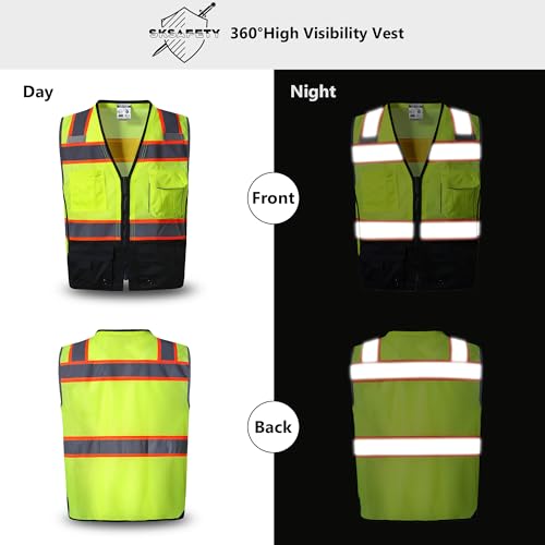 SKSAFETY 10 Pockets Hi Vis Safety Vest with Reflective Strips, ANSI/ISEA Standard, Class 2 High Vis Security Vest (Lime Black, M)