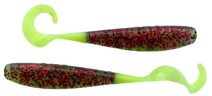 Curly Tail Jerkshad Soft Baits - Garlic Infused, 4 Inch, 8 Pack - Watermelon Red Chartreuse