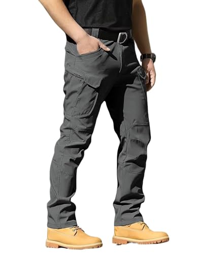 Boonlight Men's Dark Grey Lightweight Tactical Cargo Pants - Water Resistant Hiking Pants, Multiple Pockets, No Belt, Large