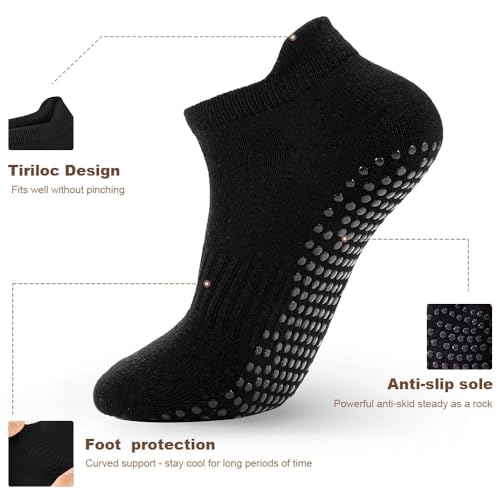 Pilates Socks with Grips - 5 Pairs Non-Slip Yoga Crew Socks - Black