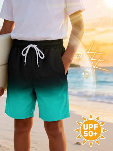 Boys Swim Trunks UPF 50+ Quick Dry Board Shorts - Gradient Emerald, 14-16 Years