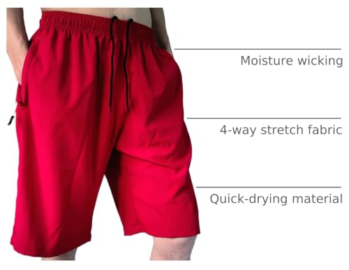 Men's Athletic Running Shorts 11 Inch Swim Trunks with Zipper Pockets - Red, X-Large