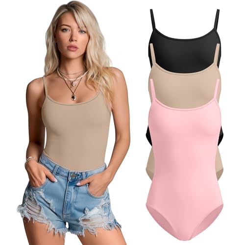 Women's Cami Bodysuits 3 Pack - Camel, Pink, Black - Large