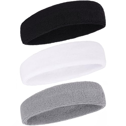Moisture-Wicking Sports Sweatband - Terry Cloth Headband for Men and Women - Black, White, Gray