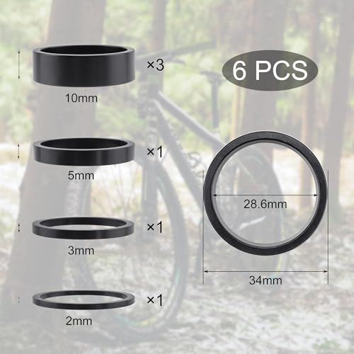 6-Piece Aluminum Bicycle Headset Spacers - 1 1/8 Inch (28.6mm) Handlebar Set