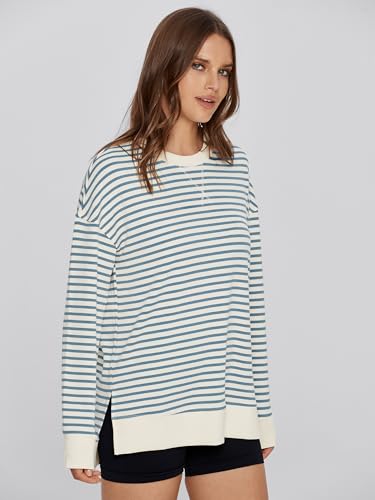 Simplee Women's Oversized Striped Sweatshirt Grey Blue Large Casual Crewneck Pullover