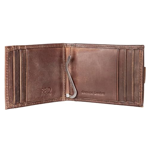 Slim Wallet for Men - Brown RFID Blocking Leather Card Holder with Money Clip - Georgia Tech