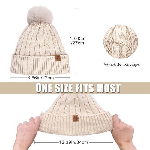 Warm Wool Cable Knit Beanie Hat for Women - Beige Pom Pom