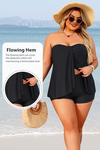 Plus Size Bandeau Tankini 2-Piece Halter Swimsuit with Shorts - Black (Size 22 Plus)