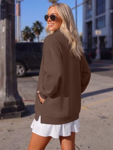 Trendy Queen Women's Oversized Fleece Mock Neck Sweatshirt with Pockets - Dark Brown, Medium